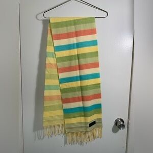 Cashmere scarf, Yellow, Green, salmon, cream,Striped, Fringe, Germany